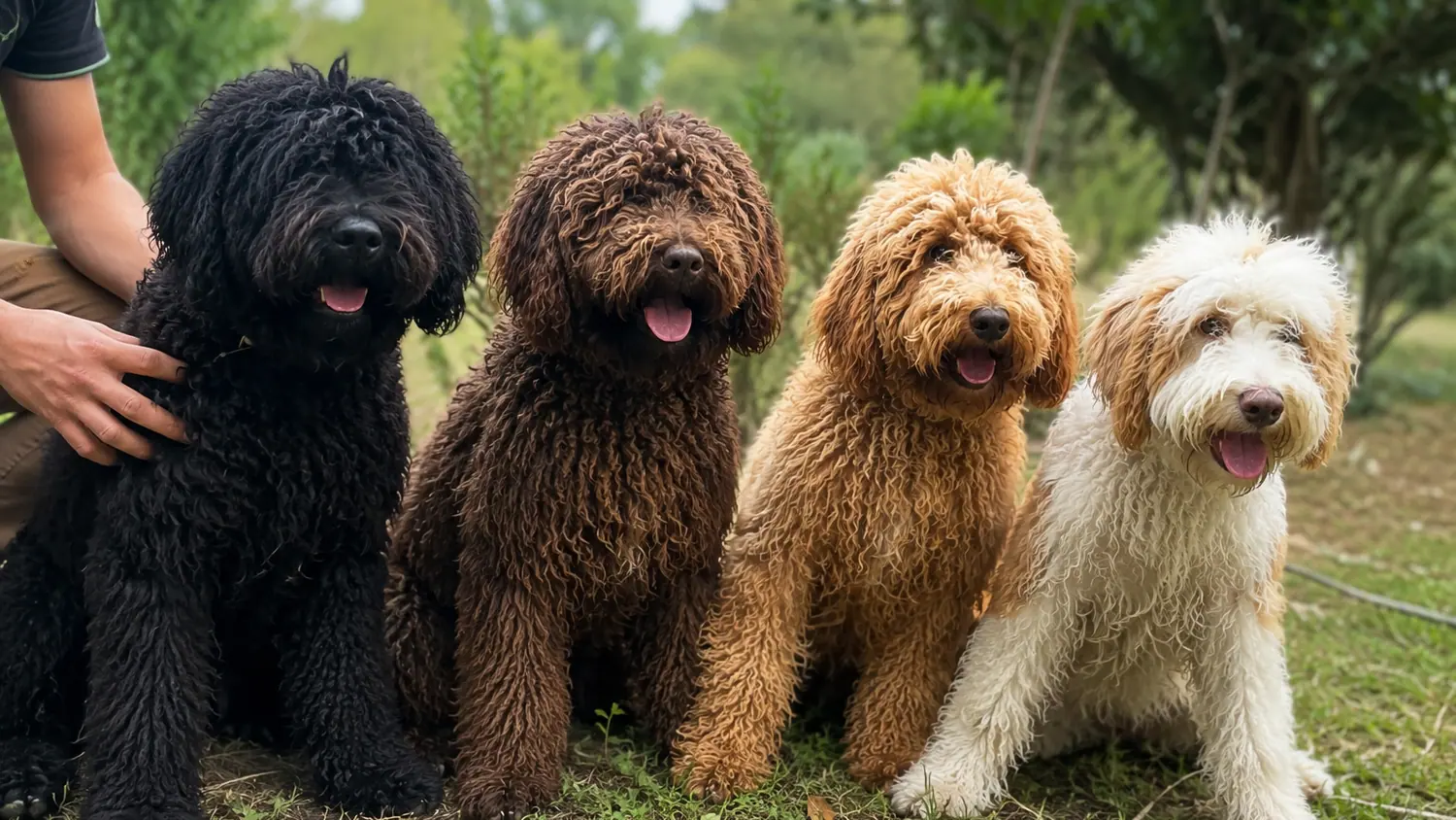 Quattro Australian Cobberdog adulti seduti in fila, una mano accarezza il cane nero