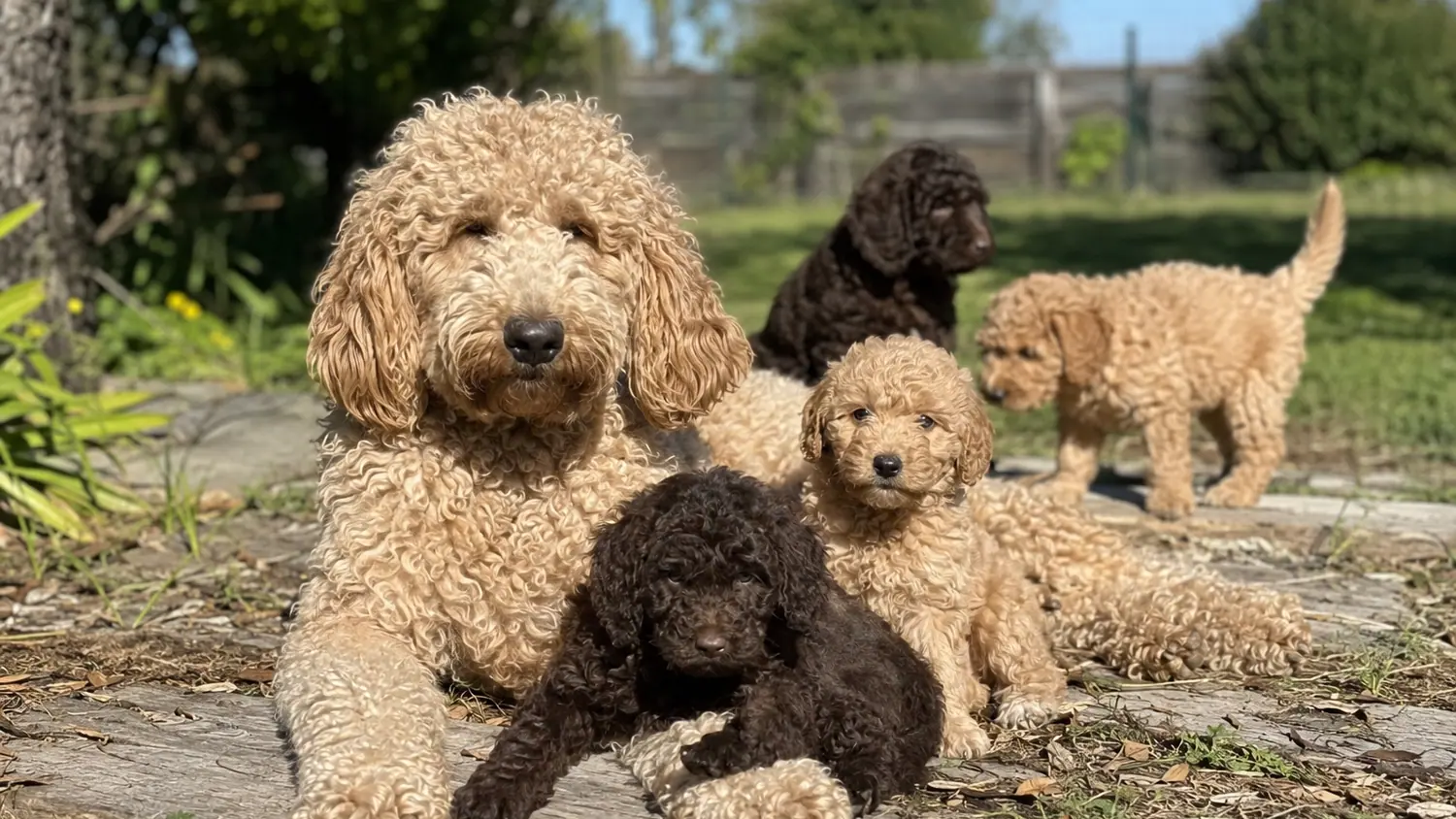 Femmina di Australian Cobberdog color albicocca sdraiata al sole, circondata da quattro cuccioli della sua cucciolata