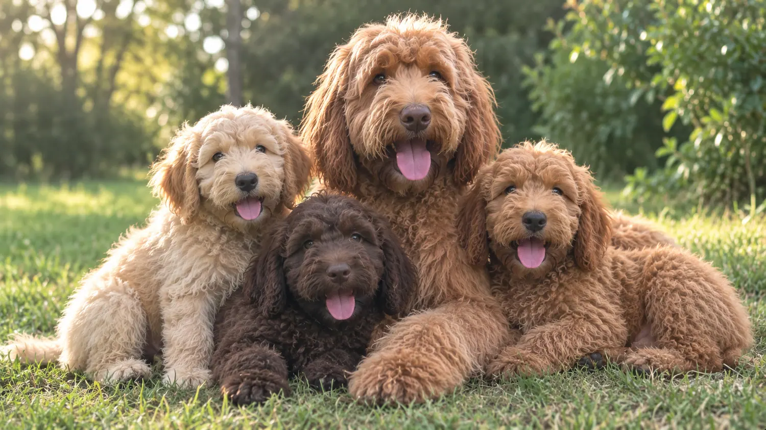 Femmina di Australian Cobberdog rossa sdraiata sul prato con tre cuccioli in controluce