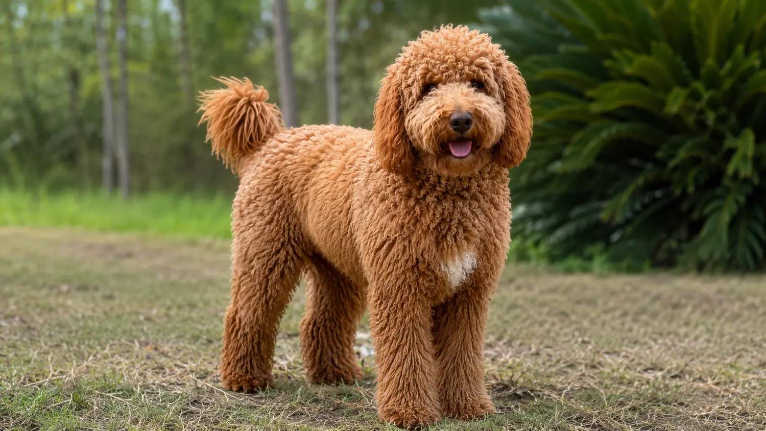 Australian Cobberdog adulto rosso in piedi sull’erba accanto a una grande pianta