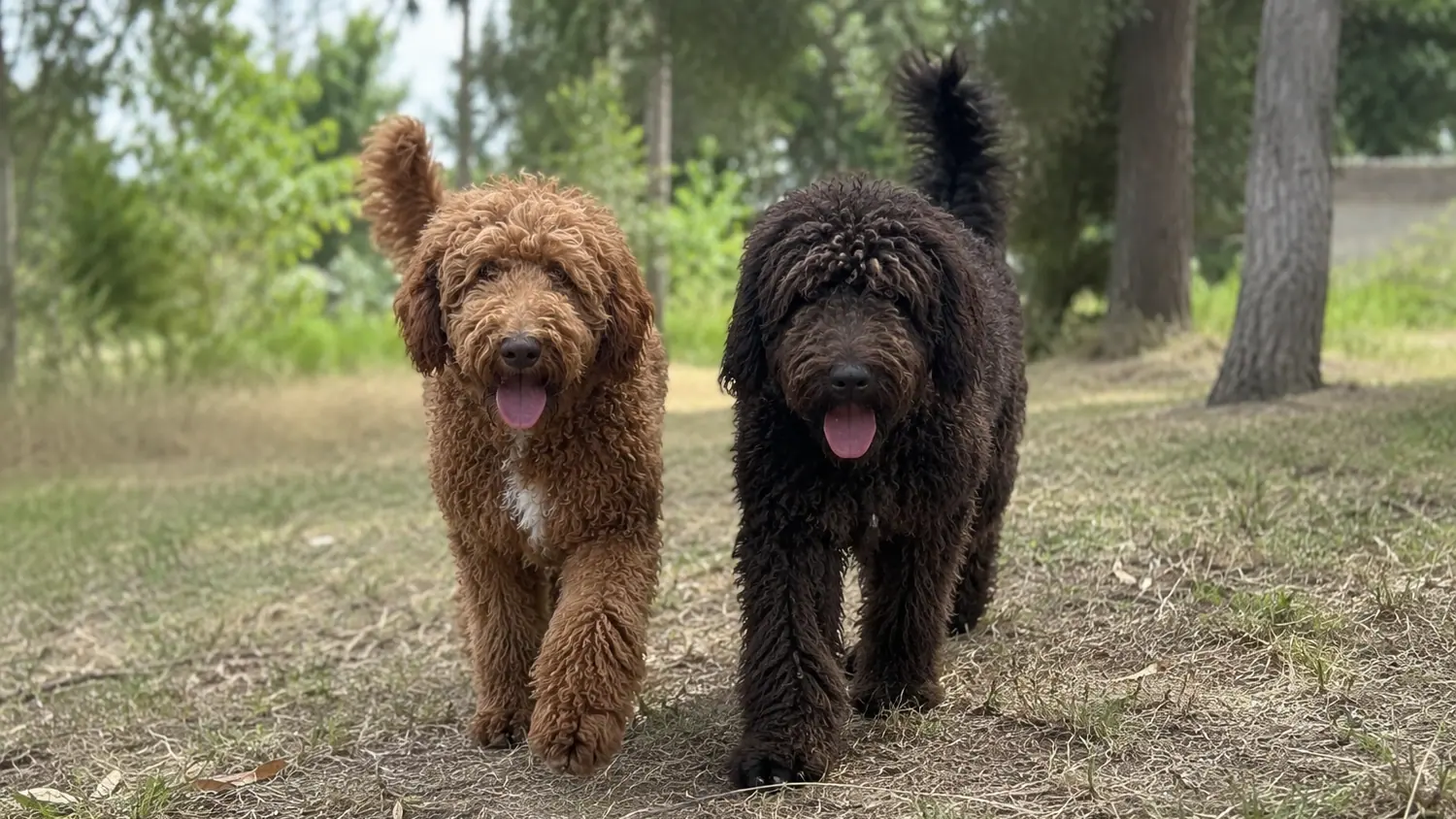 Due Australian Cobberdog adulti, rosso e nero, camminano fianco a fianco su un sentiero tra gli alberi