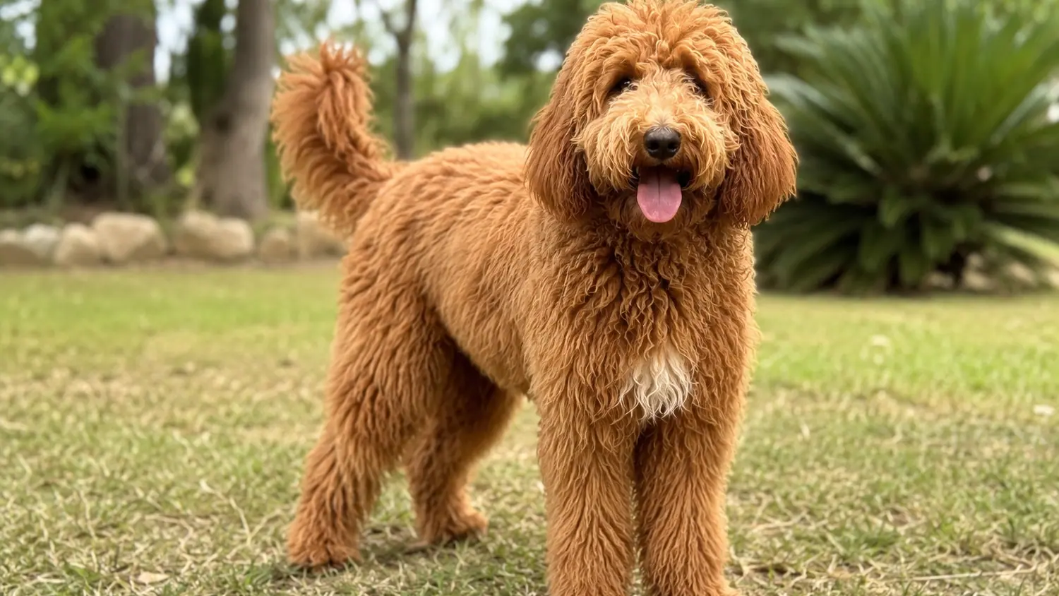 Australian Cobberdog adulto rosso in piedi sul prato che guarda verso la fotocamera