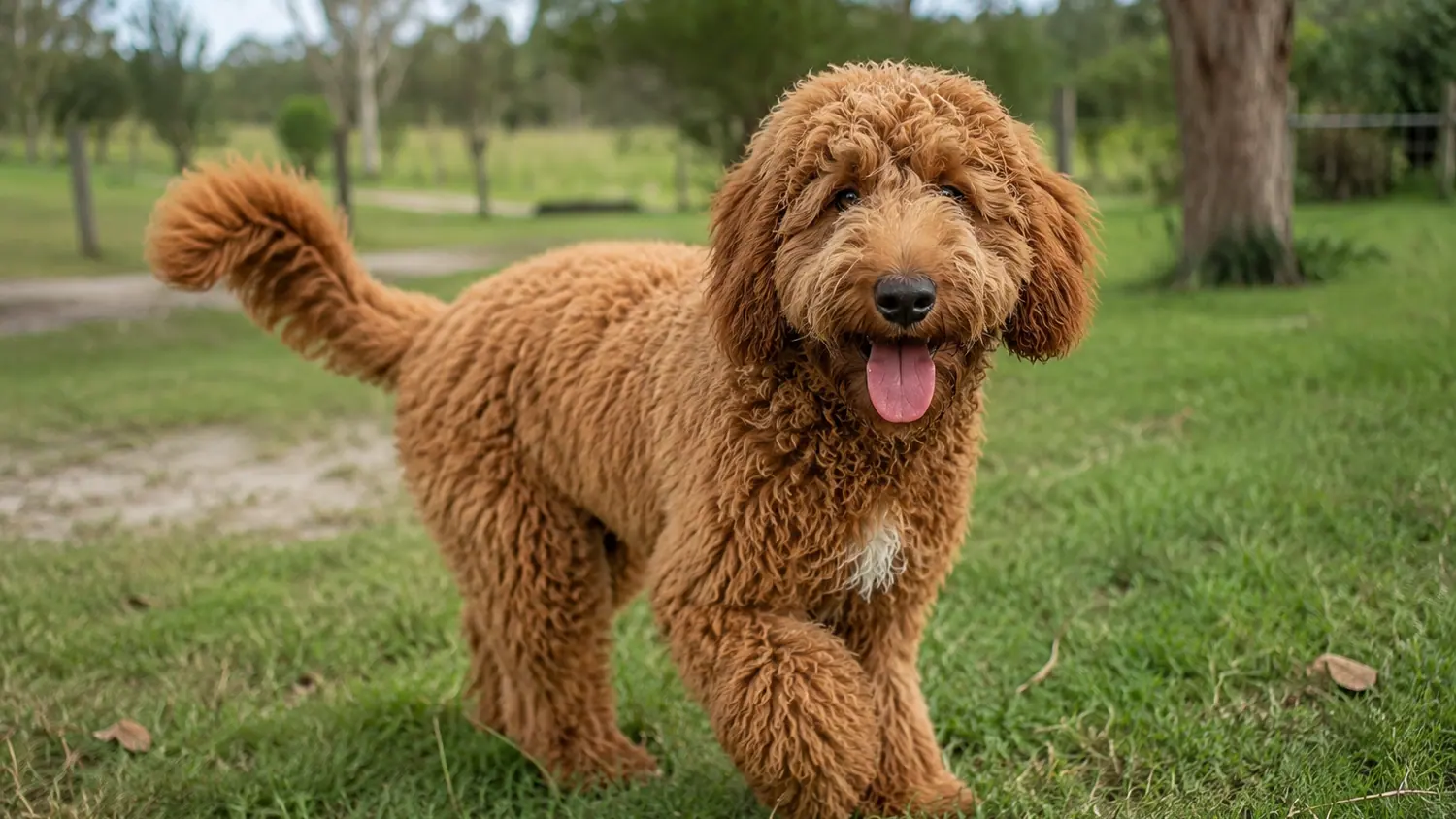 Australian Cobberdog adulto rosso in piedi sull’erba accanto a un sentiero di campagna