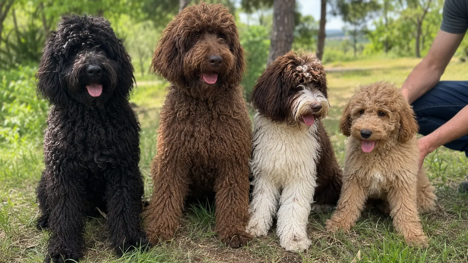 Quattro Australian Cobberdog di taglie diverse seduti in fila