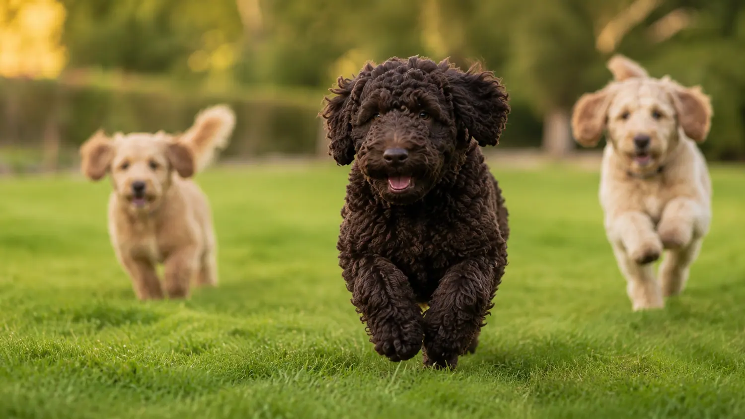Tre cuccioli di Australian Cobberdog corrono frontalmente sul prato di un giardino