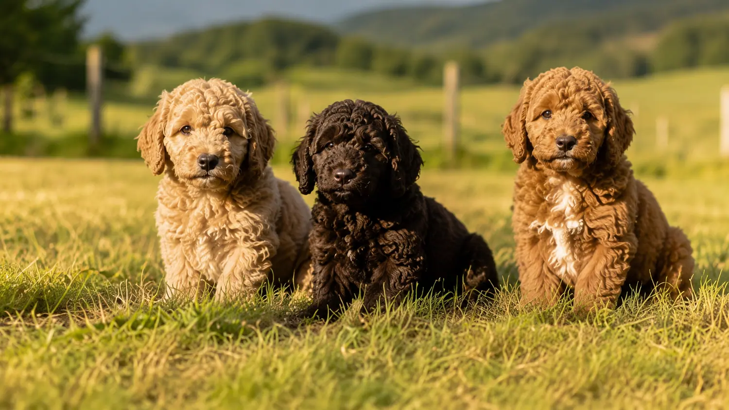Tre cuccioli di Australian Cobberdog, crema, nero e rosso, seduti in un prato nella luce del tramonto