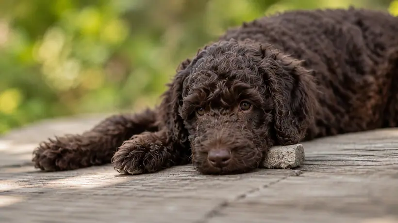 Cucciolo di Australian Cobberdog color cioccolato sdraiato con la testa su assi di legno
