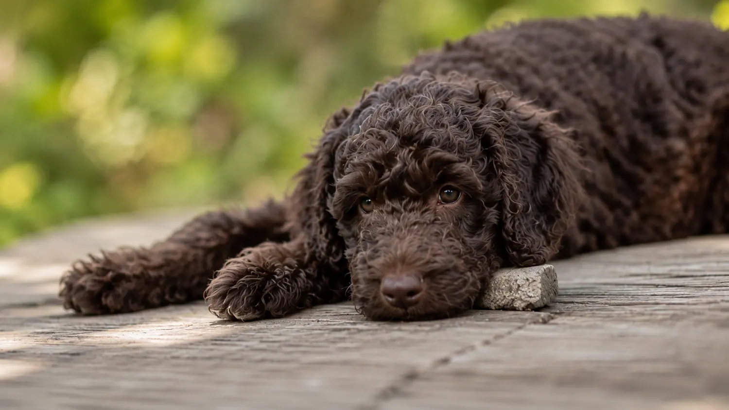 Cucciolo di Australian Cobberdog color cioccolato sdraiato con la testa su assi di legno
