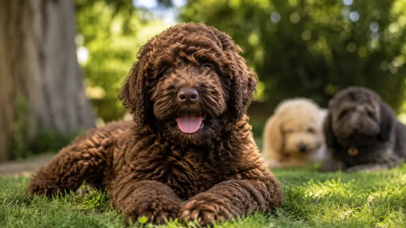 Cucciolo di Australian Cobberdog color cioccolato sdraiato sul prato, altri due cuccioli sfocati sullo sfondo