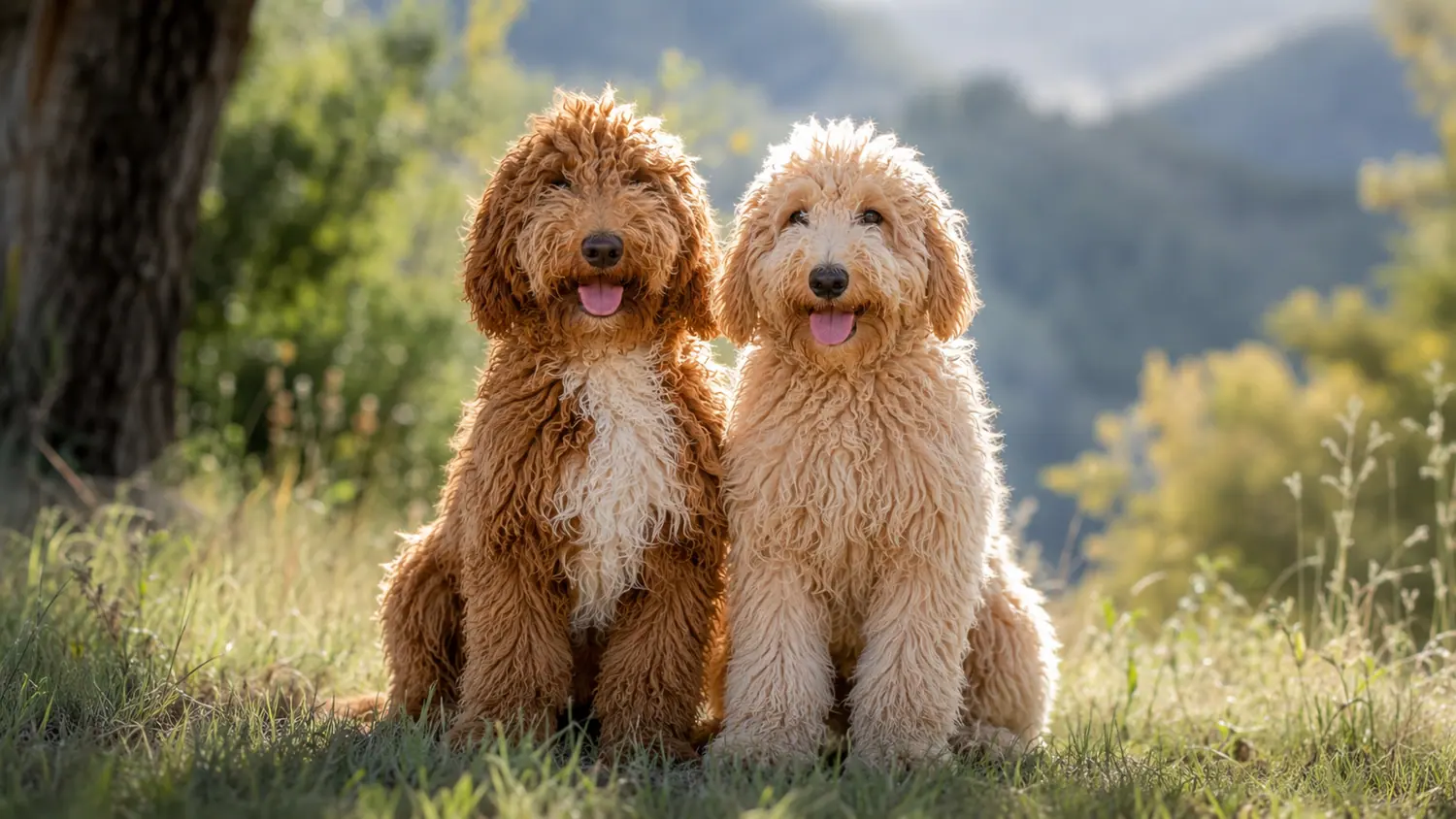 Due Australian Cobberdog adulti, rosso e crema, seduti sul prato davanti alle montagne nella luce dorata del tramonto