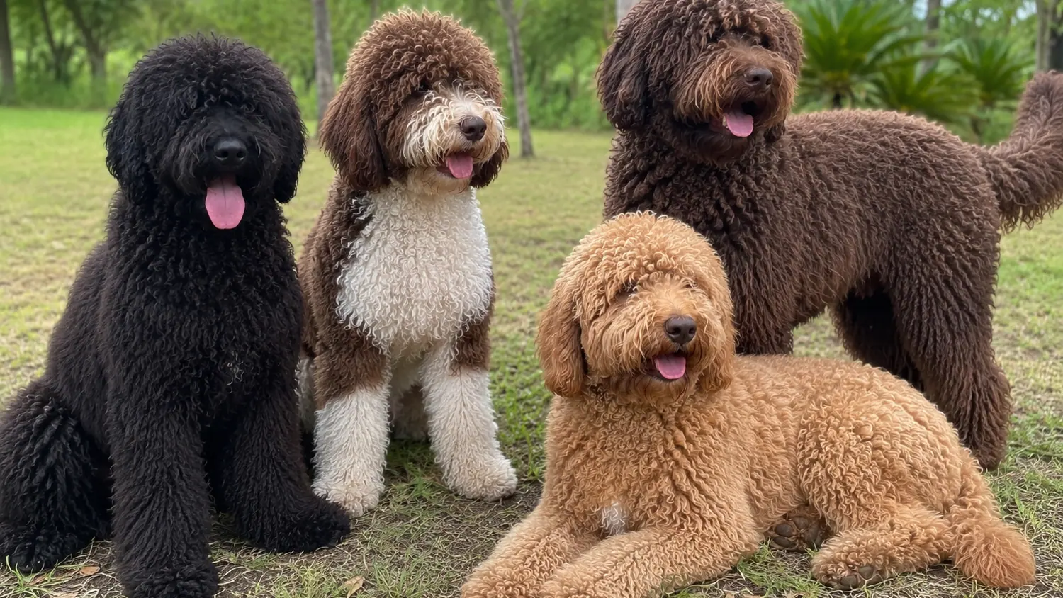 Quattro Australian Cobberdog adulti, nero, cioccolato, pluricolore e rosso, sul prato di un giardino