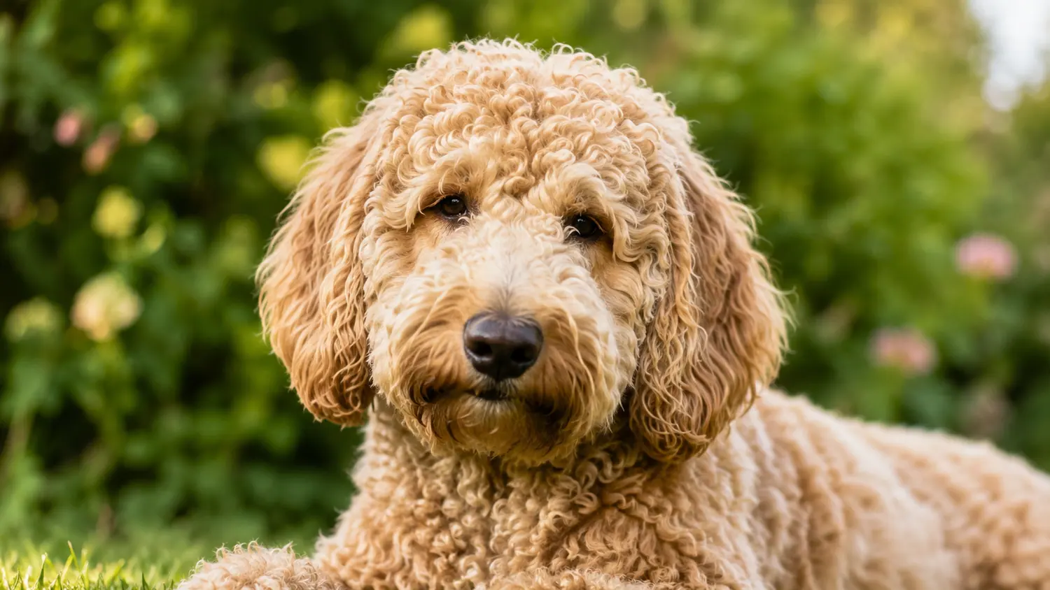 Ritratto di un Australian Cobberdog adulto color albicocca con il pelo folto e riccio