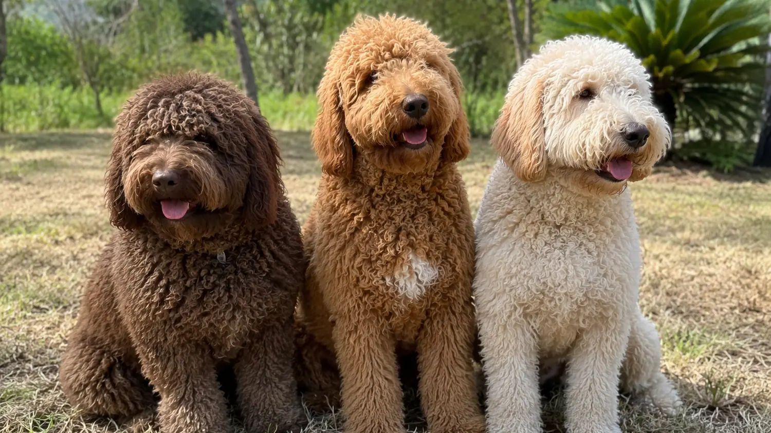 Tre Australian Cobberdog adulti, cioccolato, rosso e crema, seduti in fila sull’erba