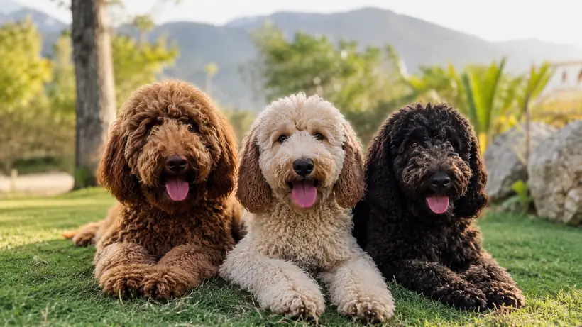 Tre Australian Cobberdog adulti sdraiati sul prato, con una montagna sullo sfondo