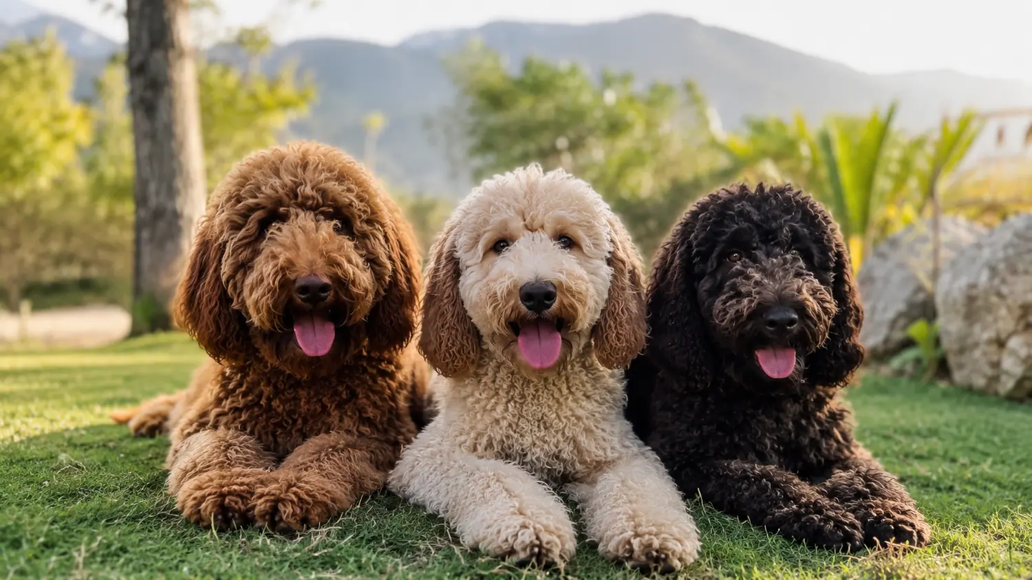 Tre Australian Cobberdog adulti sdraiati sul prato, con una montagna sullo sfondo