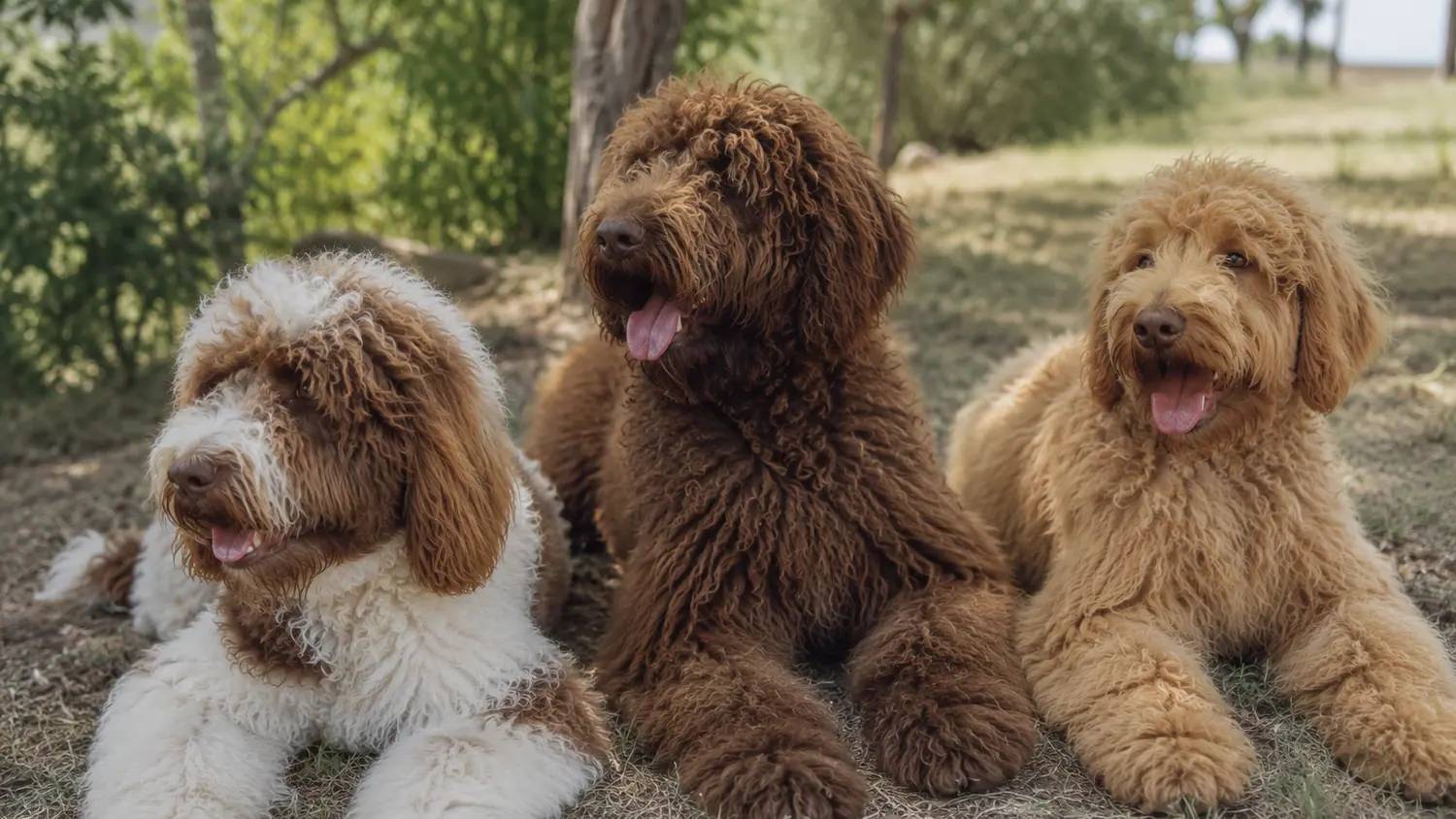 Tre Australian Cobberdog adulti riposano all’ombra degli alberi
