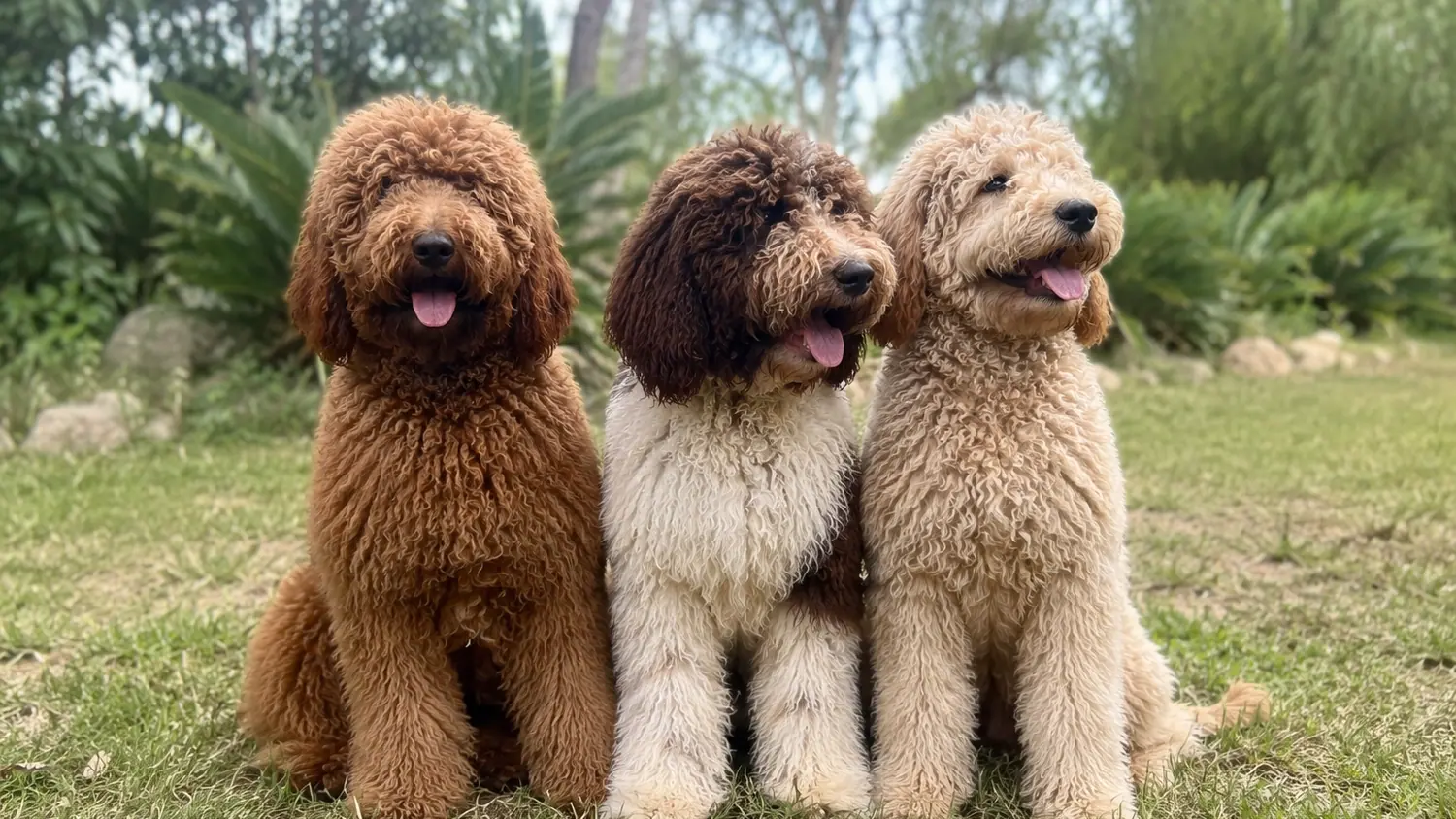Tre Australian Cobberdog adulti seduti uno accanto all’altro sull’erba di un giardino