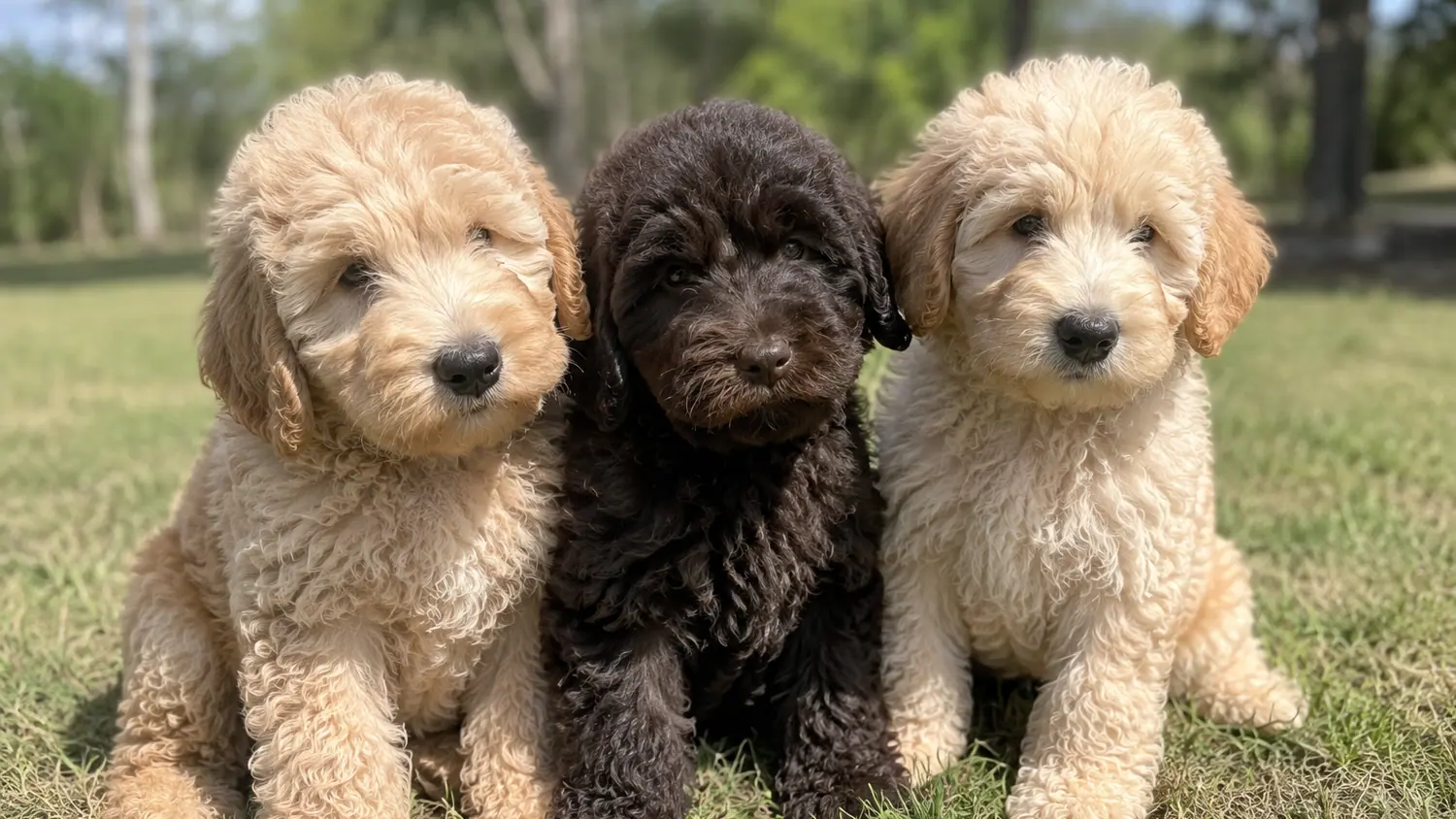 Tre cuccioli di Australian Cobberdog crema e cioccolato seduti uno accanto all’altro sul prato